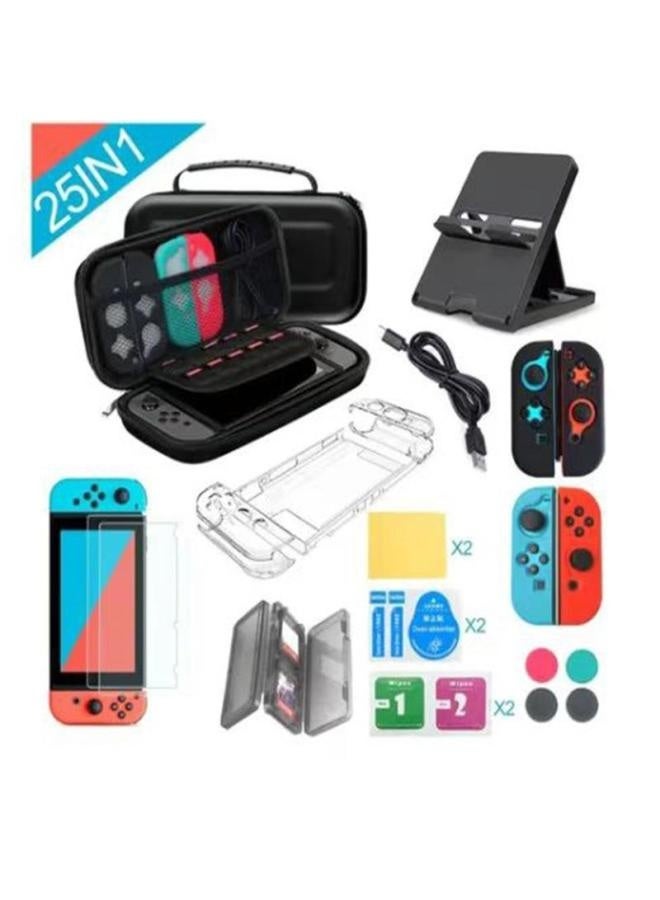 Suitable For Nintendo Switch Game Protection Bag Protection Data Line Typec Storage Bag Set Crystal Case-Model:Thickened Bag Black + Crystal Shell + Toughened Film 2 Pieces + Handle TPU Black 1 Red And Blue + Bracket + Line + Four-card Box Black + Rocker Cap Black 2 Red And Blue 1 Each  - Image 2