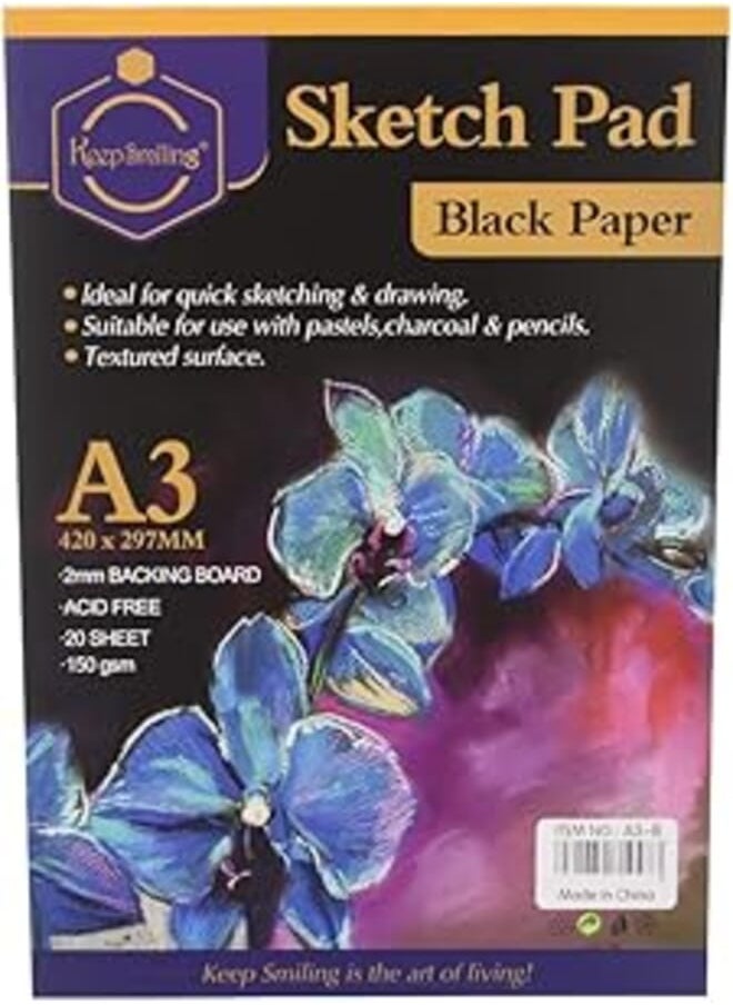 Keep Smiling - Keep Smiling A3-B Sketch Pad 2 MM Backing Board Contains 20 Sheets Suitable For Use With Pastels, Charcoal And Pencils - Black - Image 1