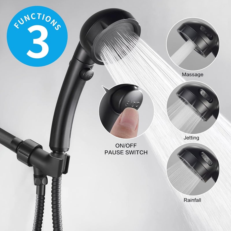 KAIYING High Pressure Handheld Shower Head with ON/OFF Pause Switch, 3 Spray Modes Shower Wand with Shut Off Button, Removable Camper Shower Head with Hose and Adjustable Angle Bracket (Black) - Image 2