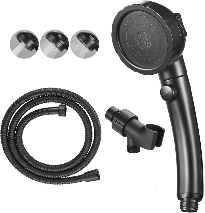 KAIYING High Pressure Handheld Shower Head with ON/OFF Pause Switch, 3 Spray Modes Shower Wand with Shut Off Button, Removable Camper Shower Head with Hose and Adjustable Angle Bracket (Black) - Image 1