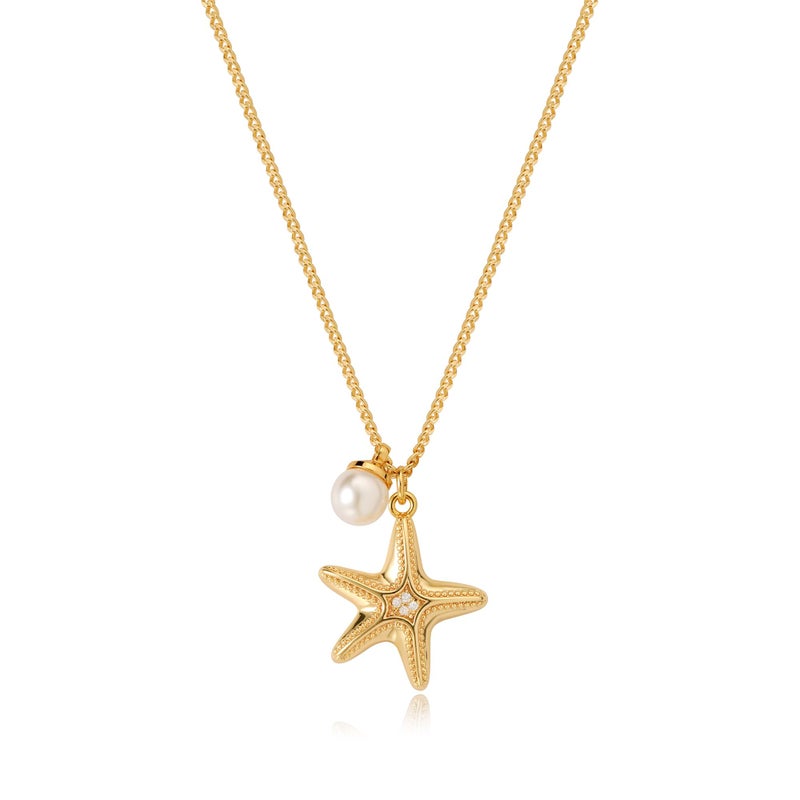 MTMY Gold Starfish Necklace 14K Gold Plated Shell Conch Ocean Pendant Necklace for Women Beach Summer Jewelry(Starfish Pearl) - Image 1