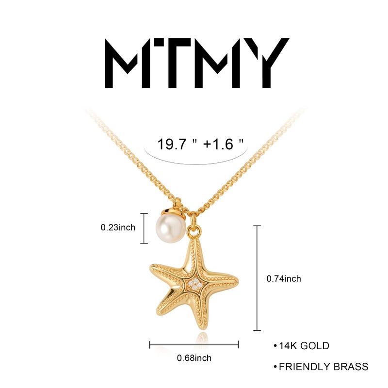 MTMY Gold Starfish Necklace 14K Gold Plated Shell Conch Ocean Pendant Necklace for Women Beach Summer Jewelry(Starfish Pearl) - Image 4