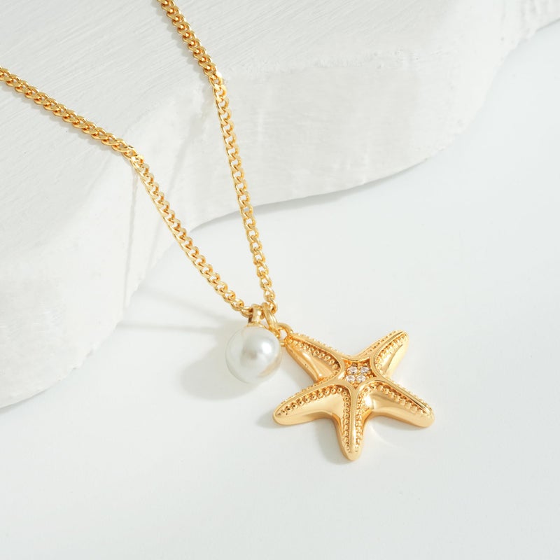 MTMY Gold Starfish Necklace 14K Gold Plated Shell Conch Ocean Pendant Necklace for Women Beach Summer Jewelry(Starfish Pearl) - Image 5