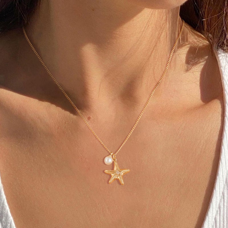 MTMY Gold Starfish Necklace 14K Gold Plated Shell Conch Ocean Pendant Necklace for Women Beach Summer Jewelry(Starfish Pearl) - Image 2