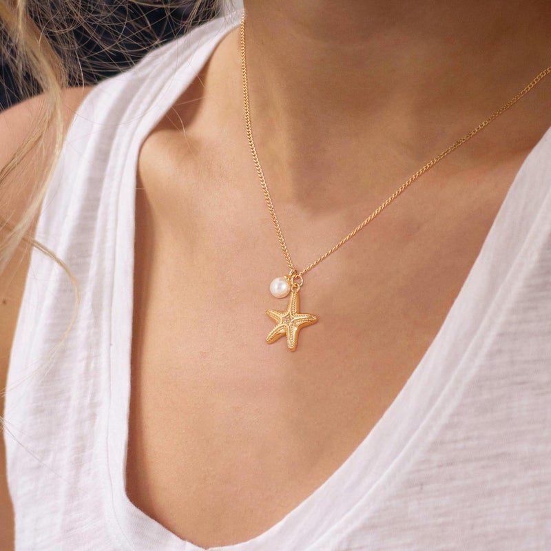 MTMY Gold Starfish Necklace 14K Gold Plated Shell Conch Ocean Pendant Necklace for Women Beach Summer Jewelry(Starfish Pearl) - Image 3