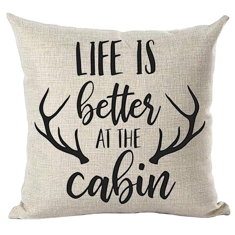 Ramirar Black Word Art Quote Life is Better at The Cabin Antlers Fall Autumn Inspirational Decorative Throw Pillow Cover Case Home Living Room Bed Sofa Car Cotton Linen Square 18 x 18 Inches