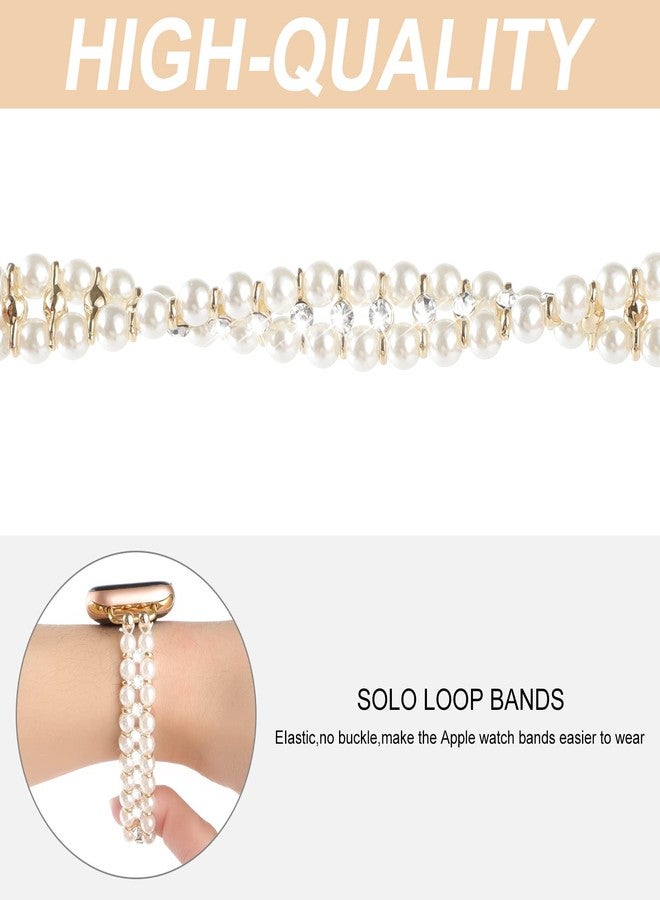 YONWORTH Elastic Pearl Beaded Band Compatible with Apple Watch 38mm 40mm 41mm, Woman Sparkling Bling Diamond Chain Solo Loop Stretch Bracelet Strap Replacement for iWatch Series 9 8 7 6 5 4 3 2 SE (38/40/41mm M, White Gold) - Image 4