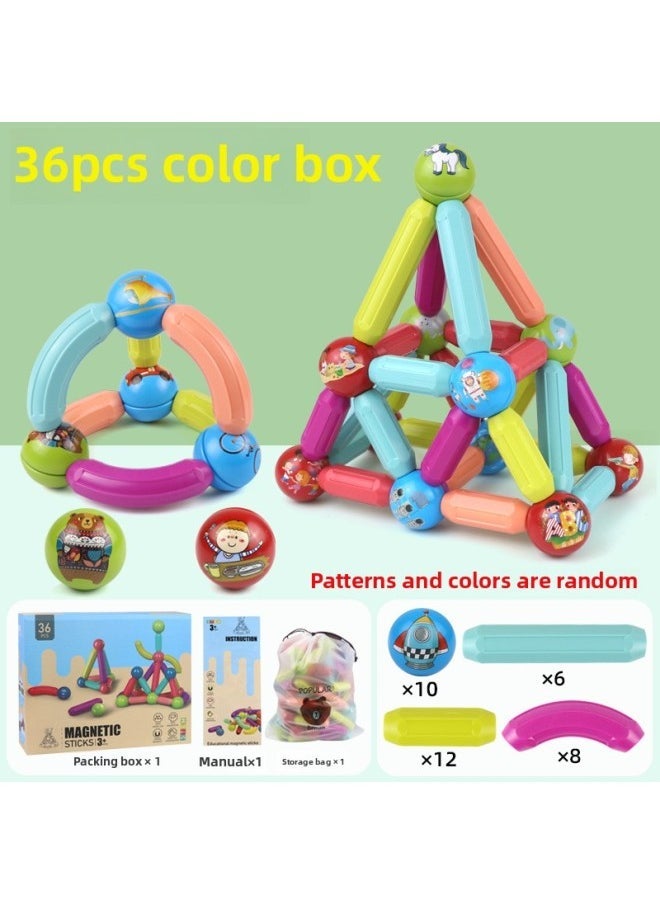3D Changeable Magnetic Bar Children's Educational Toys Anti-swallowing Large Particles Early Education Magnetic Building Blocks Combination Set-Color:3D Magnetic Rod (36) To Send Storage Bag (twice The Magnetic Force) - Image 1