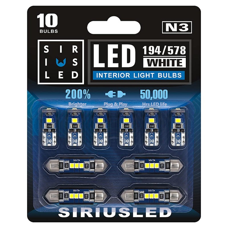 SIR IUS LED N3 578 211-2 212-2 41MM and 194 168 2825 Combo LED bulbs white Super Bright 300 Lumens for The USA Car Truck Interiors Map License Plate Lights pack of 10 - Image 1