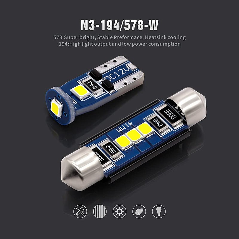 SIR IUS LED N3 578 211-2 212-2 41MM and 194 168 2825 Combo LED bulbs white Super Bright 300 Lumens for The USA Car Truck Interiors Map License Plate Lights pack of 10 - Image 2