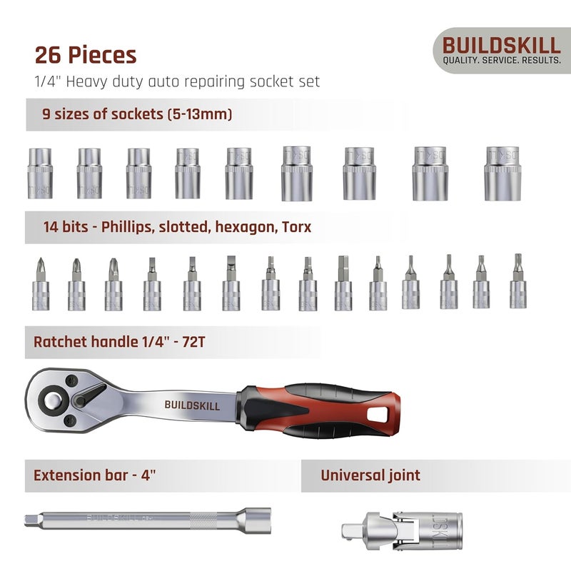 BUILDSKILL طقم مفاتيح ربط 1/4 بوصة | 26 قطعة - مادة CR-V الثقيلة | قضيب تمديد 4 بوصة | رؤوس | مفتاح ربط قابل للعكس بإفراج سريع | مقبض مضاد للانزلاق TPR | طقم مفاتيح ربط لإصلاح السيارات والدراجات - Image 2