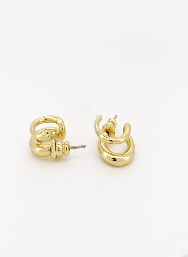 Obidos 14K Gold Plated Triple Huggie Illusion Stud Earrings | Double Huggie Hoop Earrings for One Hole | Gold Hoop Earrings for Women | Drop earrings, Brass, No Gemstone - Image 5