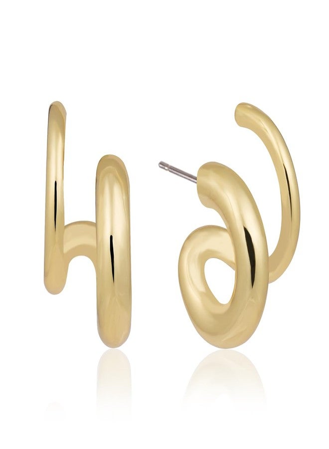 Obidos 14K Gold Plated Triple Huggie Illusion Stud Earrings | Double Huggie Hoop Earrings for One Hole | Gold Hoop Earrings for Women | Drop earrings, Brass, No Gemstone - Image 1