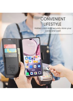 CaseMe Phone Case Luxury PU Leather Design Anti Fingerprint 023 Flip Cover Card Slot Holder Cover For Honor x9c / Honor x60 Pro (Black )  - Image 4