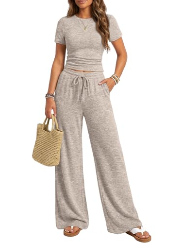 Trendy Queen Womens Lounge Two 2 Piece Sets Summer Spring 2026 Airport Outfits Travel Matching Sweatsuit Sweat Suit Workout Cruise Clothes Vacation Loungewear Pajamas Fashion Holiday Khaki S - Image 1