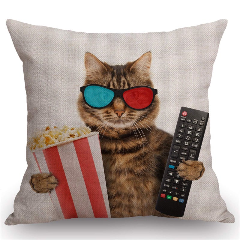 Swono Funny Cat in The 3D Glasses with Popcorn Basket Cotton Burlap Linen Throw Pillow Case Cushion Cover Sofa Outdoor Decorative Square 18X18 Inches