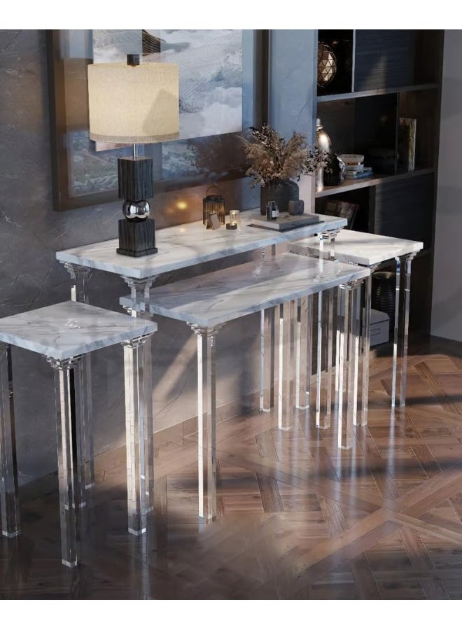 Horoof Market Luxury Acrylic & Marble Console Table Set - 4-Piece Set with Clear Acrylic Legs and White Ash Marble Tops  - Image 1