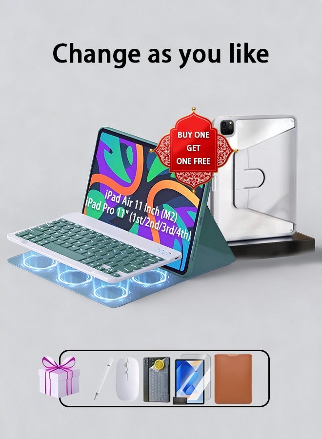 Yaqeen Magic Keyboard Case for iPad Air 11 Inch (M2) & iPad Pro 11 Inch (1st/2nd/3rd/4th Generation) , iPad Keyboard For Case 10.9 Inch iPad Air 4th/5th Gen, Keyboard For iPad Cover With Mouse Set Wrapped Anti-Fall Leather Built-In Pen Slot Flip-Top Smart Wake-Up/AED 89 Gift Set-Freebies 2-In-1 Screen Protector/Desert Dust Defender/Writing Pen/Leather Compatible - Green (GreyBundle: iPad Air 4th/5th Gen 360° Rotating Protective Case) - Image 1