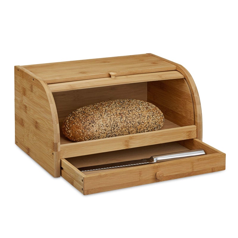 Relaxdays Box with Drawer Bamboo AromaPreserving Bread Bin with Rolling Lid Size 21 x 40 x 28 cm Wood Natural 21 x 405 x 28 cm