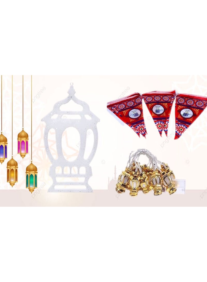 عرض زينة رمضان (فانوس رمضان ابيض - حبل زينة مثلثات - فرع زينه معلق بتصميم فانوس ذهبي)