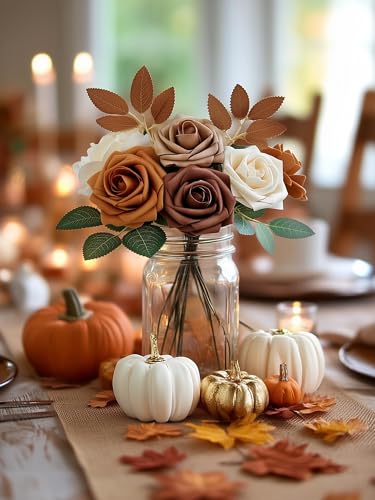 InnoGear Artificial Flowers, 50 Pcs Shades of Earth Tones Foam Fake Roses Bulk with Stems for Autumn Fall Decoration DIY Wedding Bouquets Centerpieces Bridal Shower Party Christmas Tree - Image 3