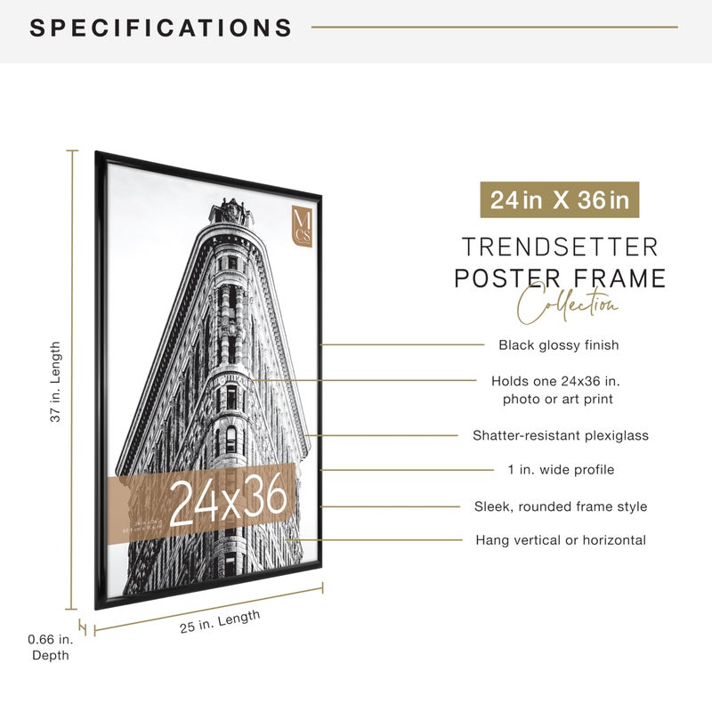 MCS Trendsetter 24x36 Poster Frame Black High-Gloss, Vertical & Horizontal Wall Hanging Large Picture Frame for Photos, Posters & Art Prints (1-Pack) - Image 4
