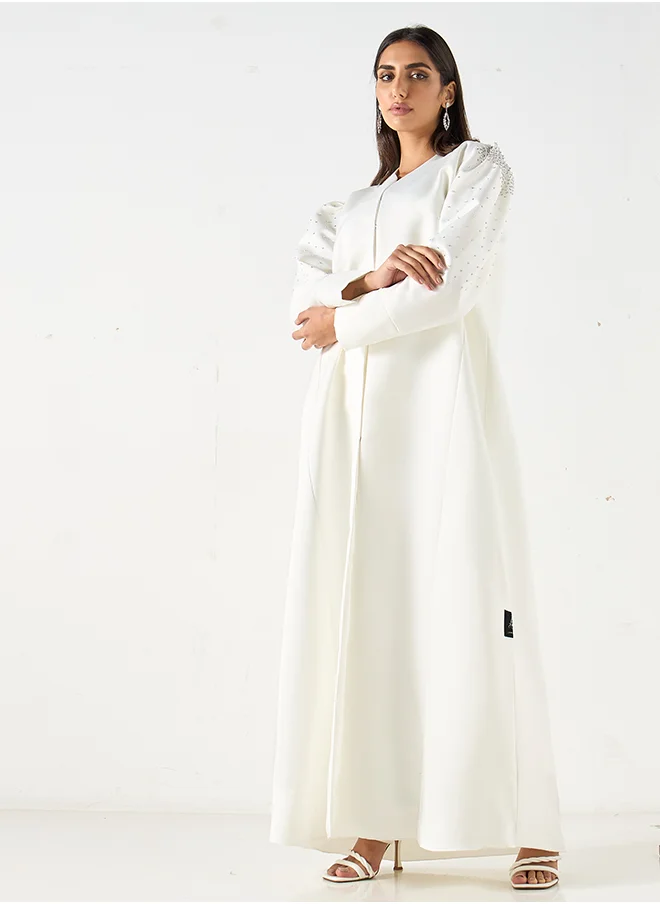 Hadiyath Al Madinah White Crystal Embellished Abaya - HM