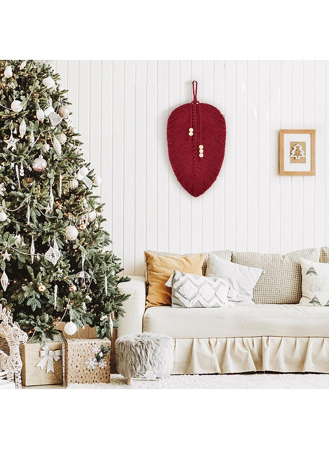 انتيكيانو زينة مكرمية معلقة على الحائط للديكور باللون الأحمر بتصميم اوراق وريش مع خرز خشب - Image 2