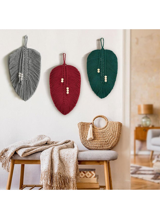 انتيكيانو زينة مكرمية معلقة على الحائط للديكور باللون الأحمر بتصميم اوراق وريش مع خرز خشب - Image 4