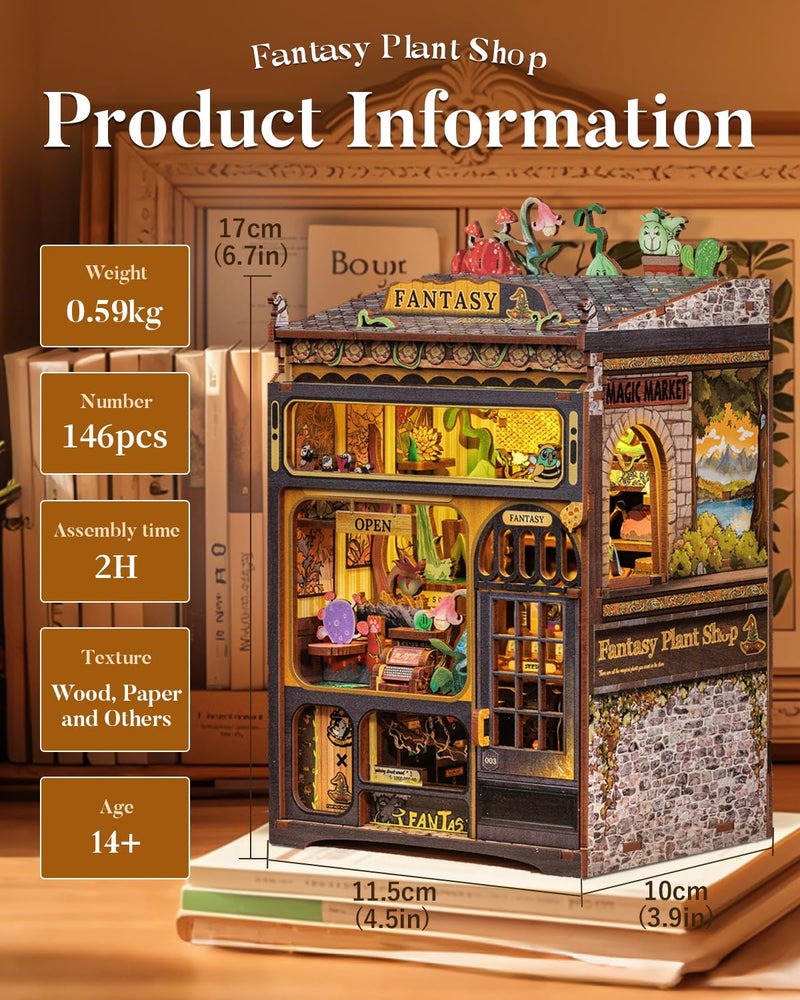 CUTEBEE Book Nook Kit - DIY Miniature House Kit for Beginners, Adults and Teens, Booknook Dollhouse Tiny House Bookshelf Decor 3D Wooden Puzzle Gifts for Family and Friends (Fantasy Plant Shop) - Image 2