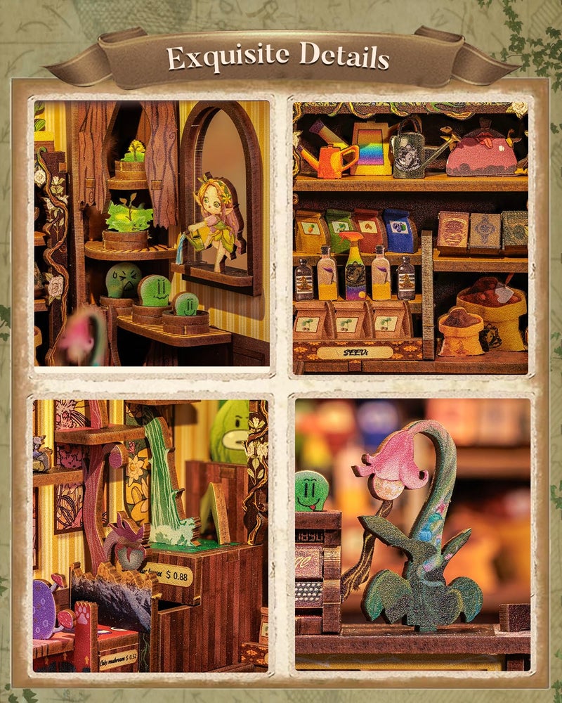 CUTEBEE Book Nook Kit - DIY Miniature House Kit for Beginners, Adults and Teens, Booknook Dollhouse Tiny House Bookshelf Decor 3D Wooden Puzzle Gifts for Family and Friends (Fantasy Plant Shop) - Image 5