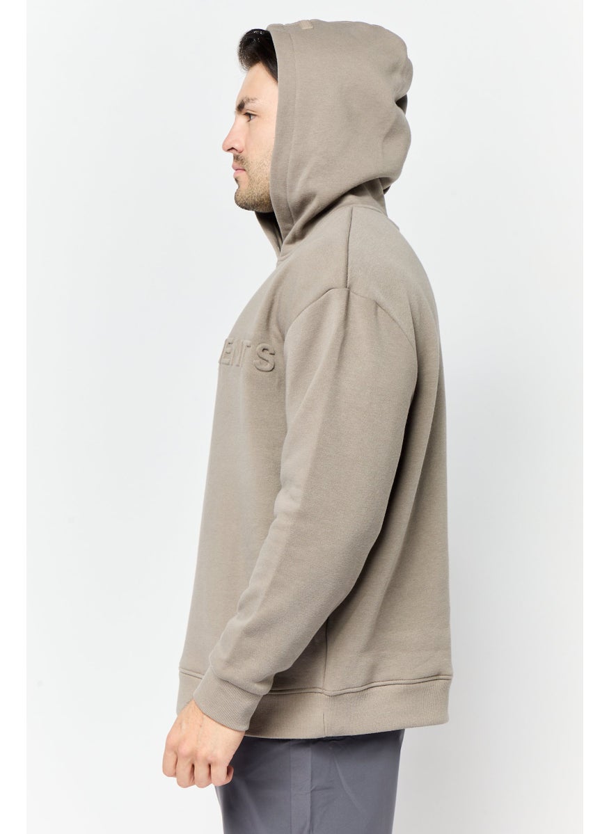 Core Elements Men Hooded Brand Logo Long Sleeve Sweatshirt, Taupe  - Image 2