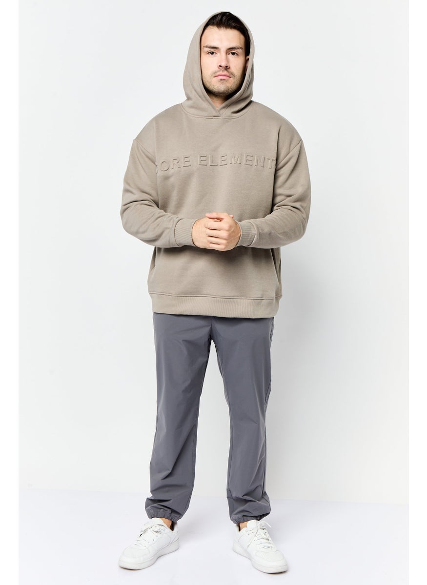 Core Elements Men Hooded Brand Logo Long Sleeve Sweatshirt, Taupe  - Image 4