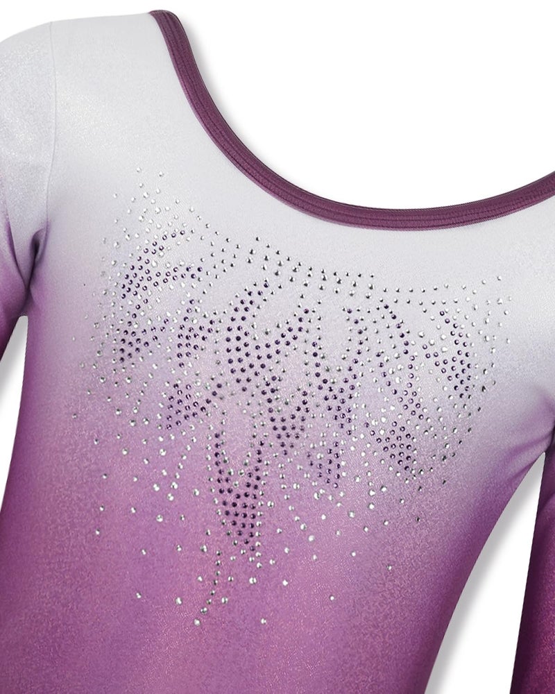 Gogokids Gymnastics Leotards for Girls Long Sleeve Sparkly Rhinestone Dance Unitards Biketards with Shorts, A-purple, 11-12 Years - Image 3