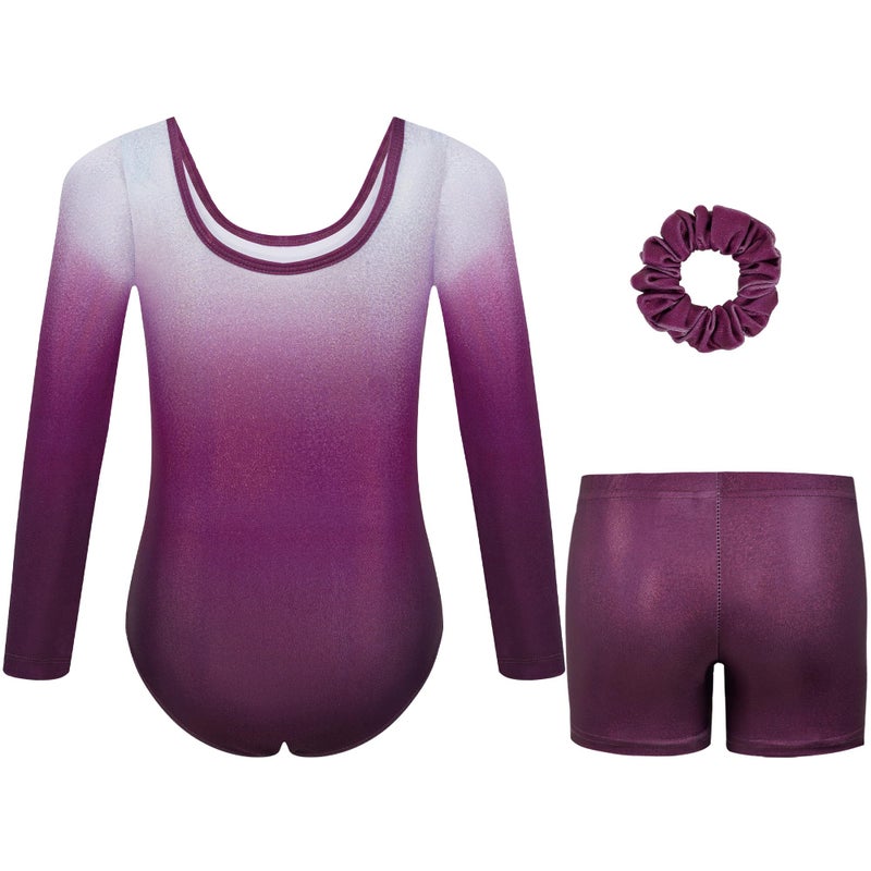 Gogokids Gymnastics Leotards for Girls Long Sleeve Sparkly Rhinestone Dance Unitards Biketards with Shorts, A-purple, 11-12 Years - Image 2