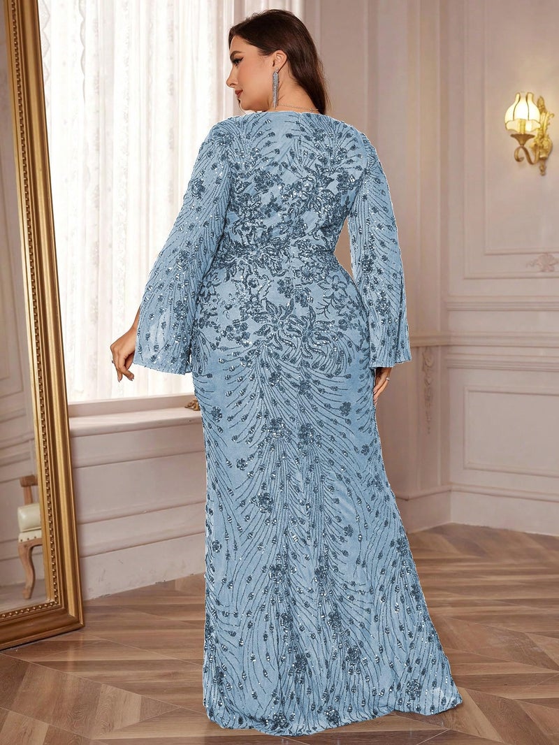 XUIBOL Plus Size Long Glitter Mermaid Dress for Mother of The Bride Women's Long Sleeve V-Neck Sequin Formal Gown Light Blue 18 - Image 2
