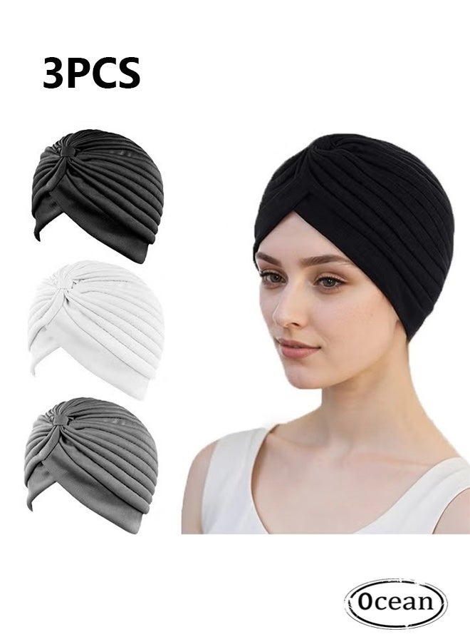 Ocean 3 Pieces Turbans for Women Soft Turban Head Wrap Pleated Beanie Cap - Image 1