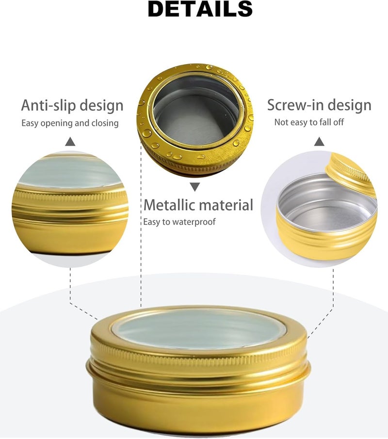 LJY 28Pcs Aluminum Tin Jar Refillable Containers Round Tin Container Bottle for DIY Projects,Gifts,Cosmetic,Cream,Diamond, Salves,Balms,Lip Balm,Spices (Gold Clear Lids, 28 Pcs 1oz) - Image 3