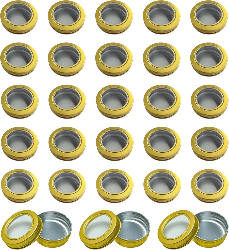 LJY 28Pcs Aluminum Tin Jar Refillable Containers Round Tin Container Bottle for DIY Projects,Gifts,Cosmetic,Cream,Diamond, Salves,Balms,Lip Balm,Spices (Gold Clear Lids, 28 Pcs 1oz) - Image 1