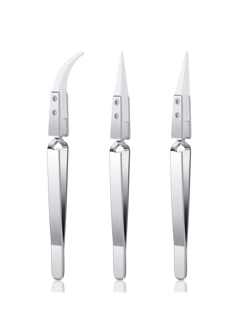 SYOSI 3 Pcs Ceramic Tweezers Stainless Steel Reverse Tweezers Heat Resistant Non Conductive Ceramic Tweezers for Precision Electrical Operation Silver Tone - Image 1