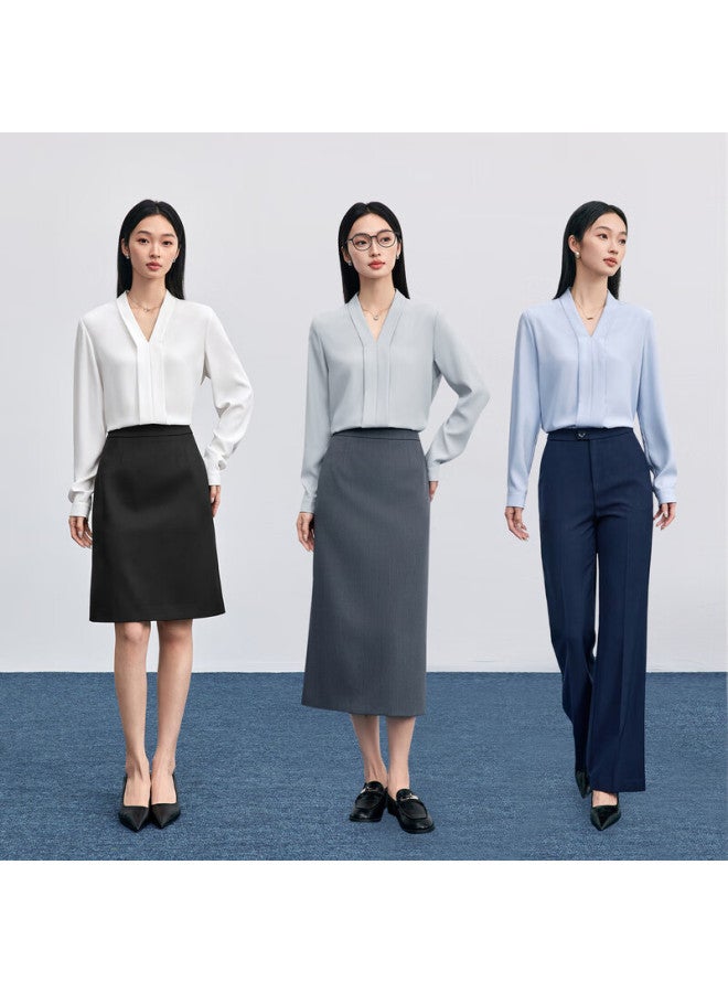 Sentubila V-neck Folded Design Lightweight Draped Slightly Stretchy Chiffon Blouse For Women Autumn Light Office Slim Fit Top - Image 1