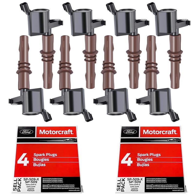 MAS Set of 8 Ignition Coils Brown boots DG521 and Motorcraft SP509 Spark Plugs Compatible with Ford Expedition F150 Super Duty F250 F350 F450 F550 F53 46L 54L C1659 DG521