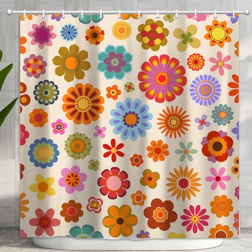 DeeCabin Retro Flower Shower Curtain, Groovy Vintage Hippie Funky 70s Sun Flowers Shower Curtains for Bathroom Decor, Boho Colorful Floral Shower Curtain Set with 12 Hooks, 70X70IN Bath Decor - Image 1