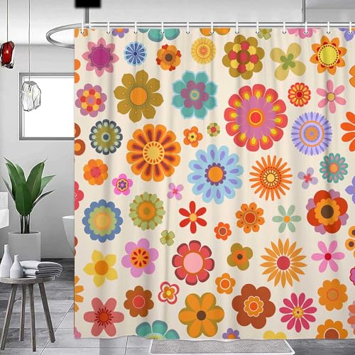 DeeCabin Retro Flower Shower Curtain, Groovy Vintage Hippie Funky 70s Sun Flowers Shower Curtains for Bathroom Decor, Boho Colorful Floral Shower Curtain Set with 12 Hooks, 70X70IN Bath Decor - Image 2