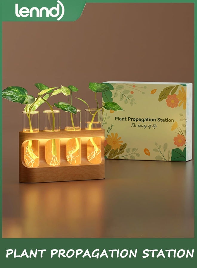 LENND Plant Propagation Station with Wooden Stand, Gardening Gifts for Mom Women Plant Lovers, 3-Level Dimmable LED Light 4 Glass Test Tubes Vases for Hydroponic Plants - Desktop Terrarium for Desk Decor - Image 1
