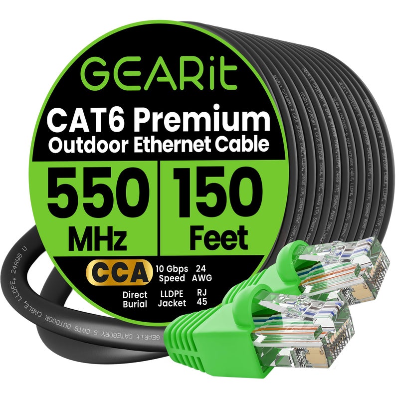 GEARit Cat 6 Ethernet Cable 150 ft, Direct Burial Outdoor Cat6 Ethernet Cable 24AWG High Speed Up to 10 Gbps/550 MHz, LLDPE (PE) UV-Resistant Waterproof Jacket, CCA, RJ45 Internet Cable for Router - Image 1