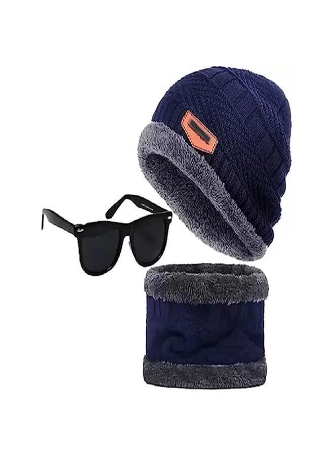 CAPITEUM Standard 2Pcs Men's Winter Warm Knitted Cap with Fleece Scarf Set|Neckwarmer and Wayfarer sunglases (BLUE) - Image 2