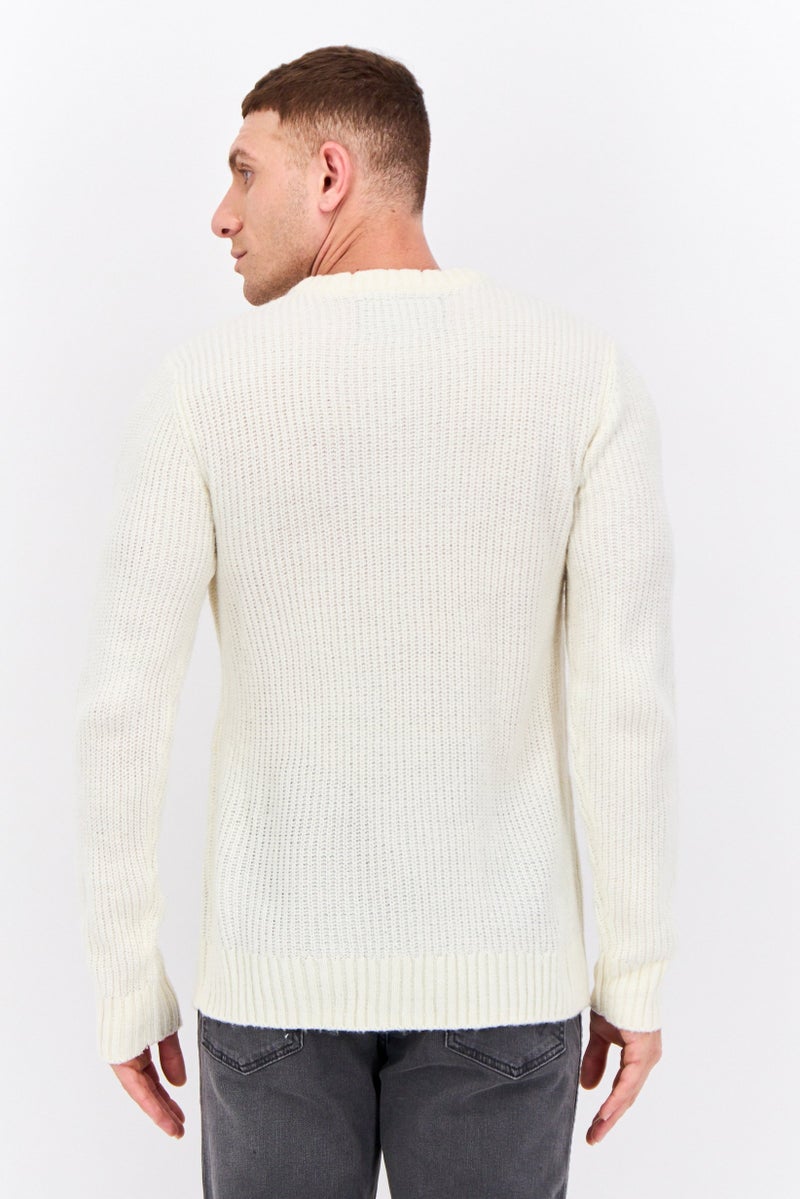 Sorbino Men Round Neck Long Sleeves Textured Sweater, Cream - Image 3