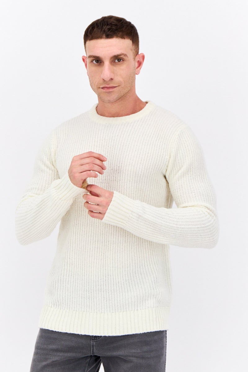 Sorbino Men Round Neck Long Sleeves Textured Sweater, Cream - Image 1