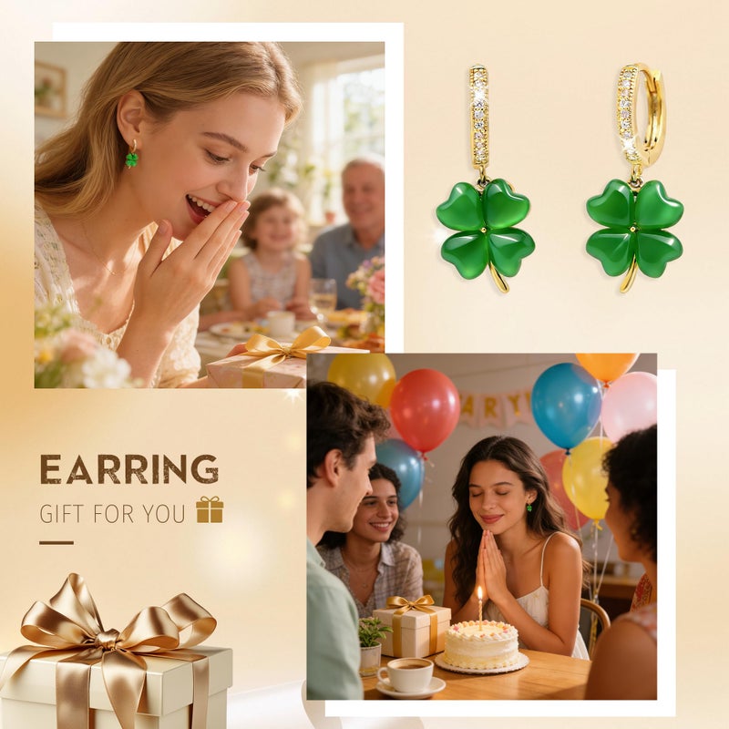 Jean Beau St Patricks Day Green Shamrock Clover Dangle Hoop Earrings for Women, Dainty Gold Plated Lucky Four Leaf Clover Drop Earrings Holiday Outfit Accessories Trendy Jewelry Gift - Image 5